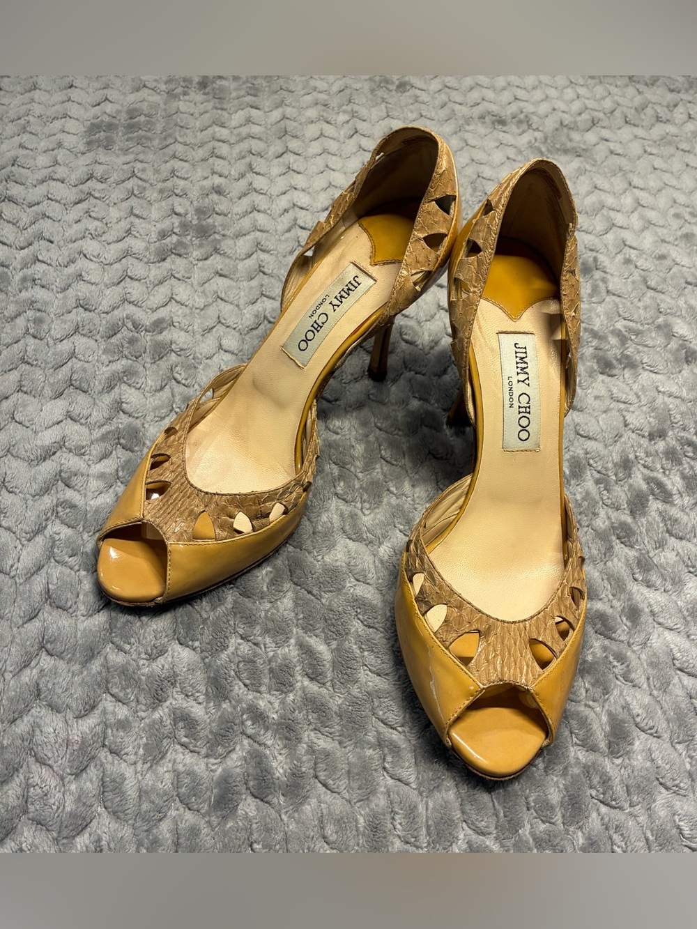 Jimmy Choo Mustard Yellow & Tan Cutout Peep-Toe Leather Heels